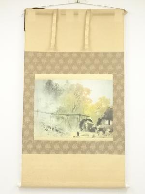 川合玉堂　彩雨　印刷絹本掛軸（共箱）